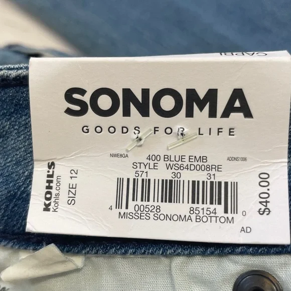 Sonoma Embroidered Mid Rise Capri/Cropped Jeans, size 12, NWT - Picture 3 of 16